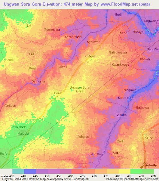 Ungwan Sora Gora,Nigeria Elevation Map