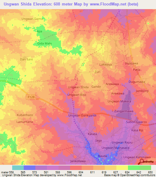 Ungwan Shida,Nigeria Elevation Map