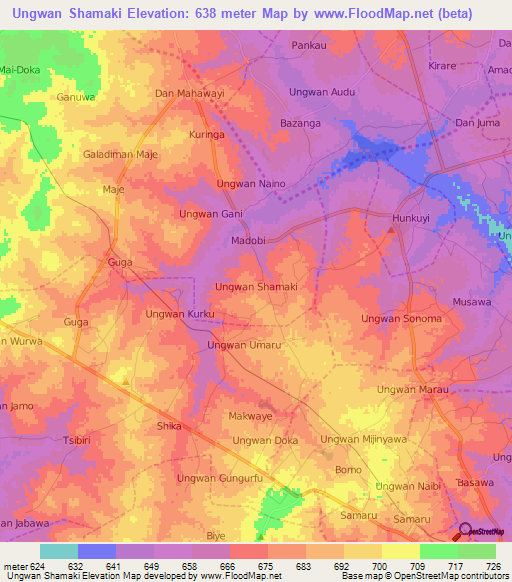 Ungwan Shamaki,Nigeria Elevation Map