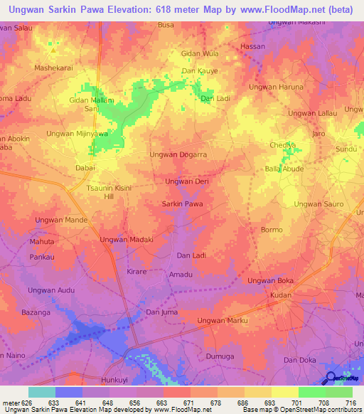 Ungwan Sarkin Pawa,Nigeria Elevation Map