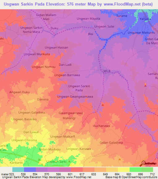 Ungwan Sarkin Pada,Nigeria Elevation Map