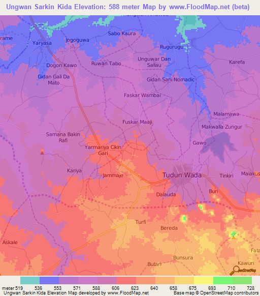 Ungwan Sarkin Kida,Nigeria Elevation Map
