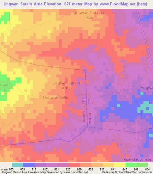 Ungwan Sarkin Arna,Nigeria Elevation Map