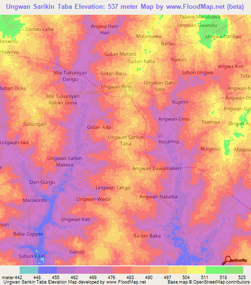 Ungwan Sarikin Taba,Nigeria Elevation Map