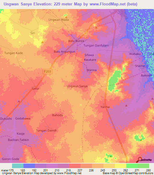 Ungwan Sanye,Nigeria Elevation Map