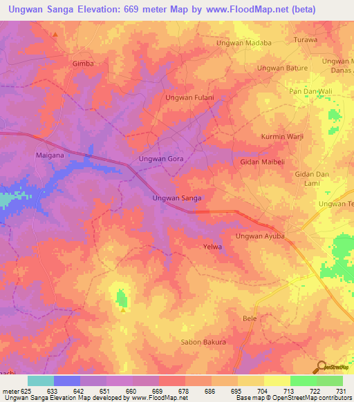 Ungwan Sanga,Nigeria Elevation Map