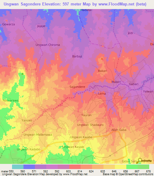 Ungwan Sagondere,Nigeria Elevation Map