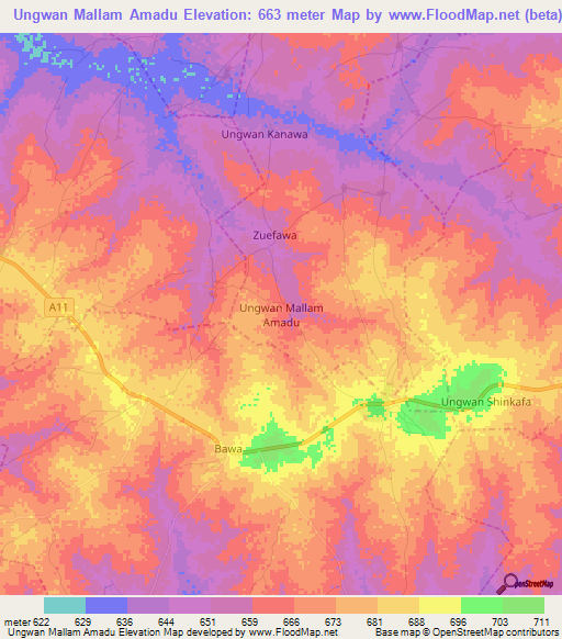 Ungwan Mallam Amadu,Nigeria Elevation Map