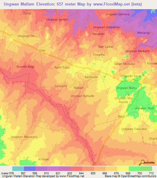 Ungwan Mallam,Nigeria Elevation Map