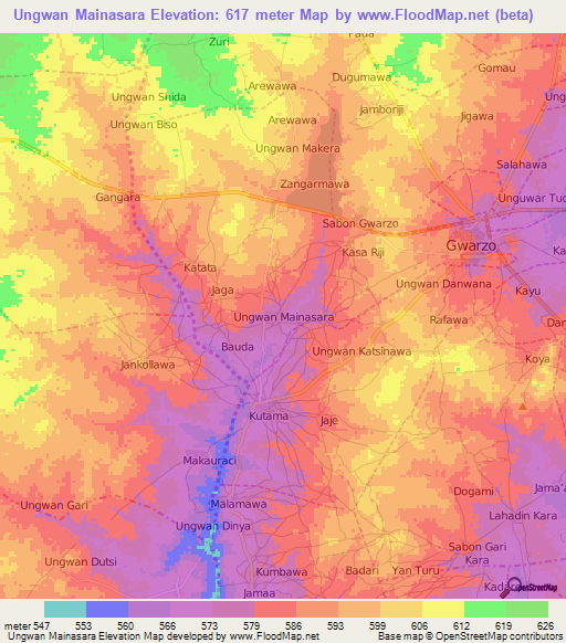 Ungwan Mainasara,Nigeria Elevation Map