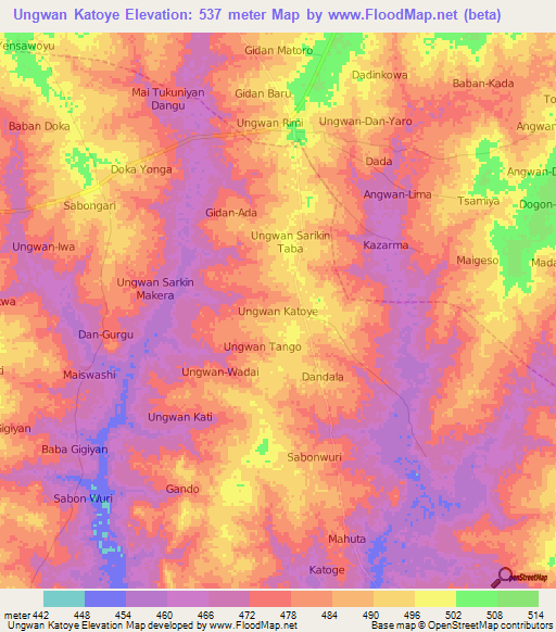 Ungwan Katoye,Nigeria Elevation Map