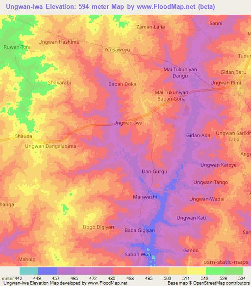 Ungwan-Iwa,Nigeria Elevation Map