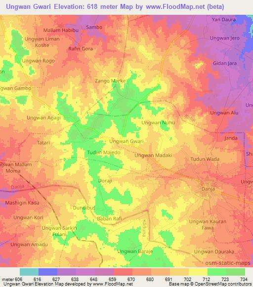 Ungwan Gwari,Nigeria Elevation Map