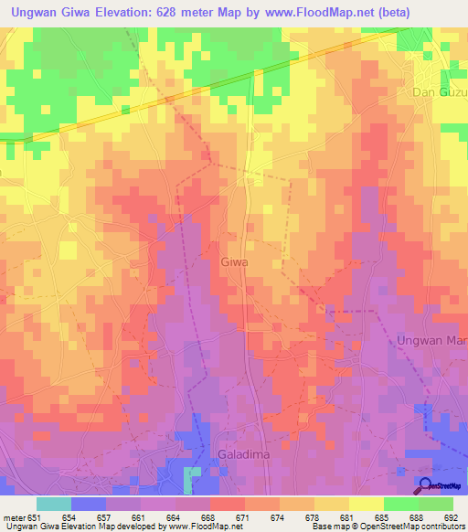 Ungwan Giwa,Nigeria Elevation Map