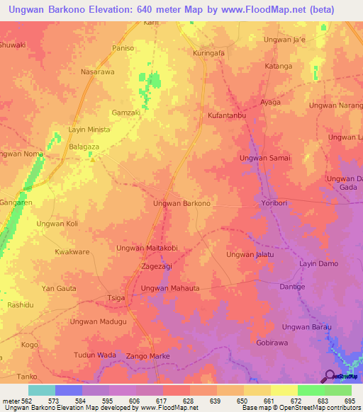 Ungwan Barkono,Nigeria Elevation Map