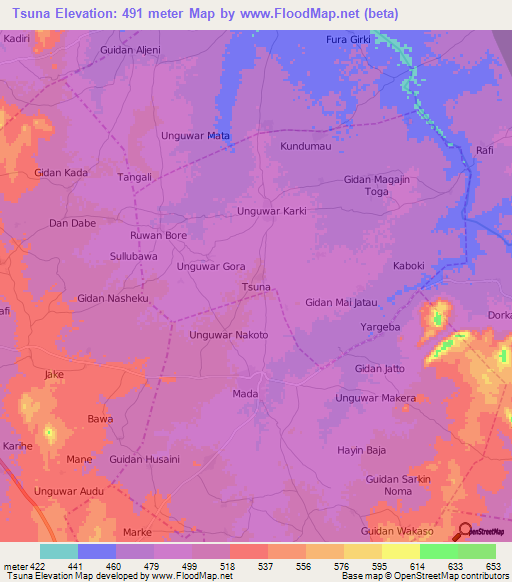 Tsuna,Nigeria Elevation Map