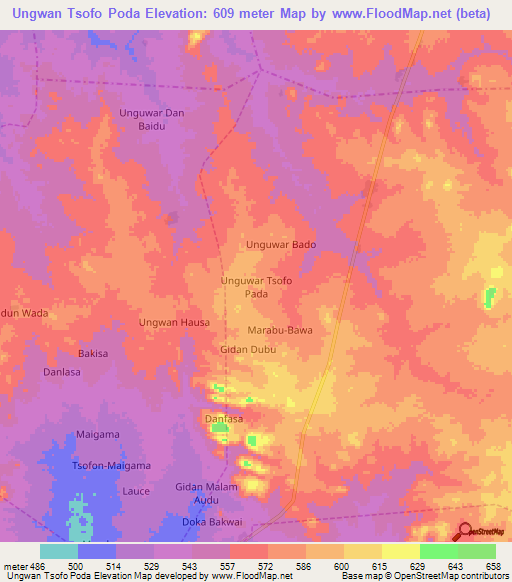 Ungwan Tsofo Poda,Nigeria Elevation Map