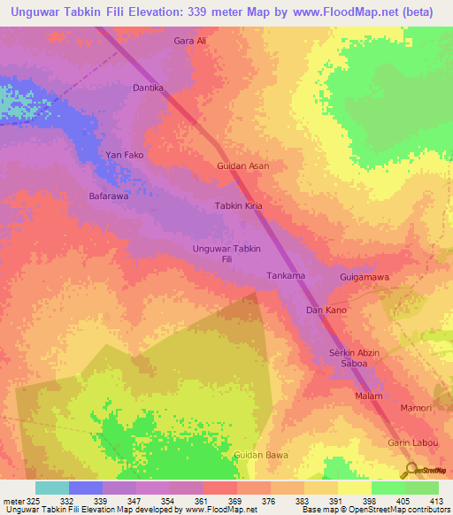 Unguwar Tabkin Fili,Nigeria Elevation Map