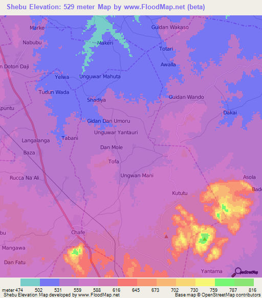 Shebu,Nigeria Elevation Map