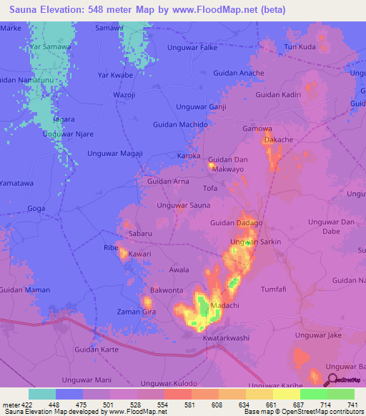 Sauna,Nigeria Elevation Map
