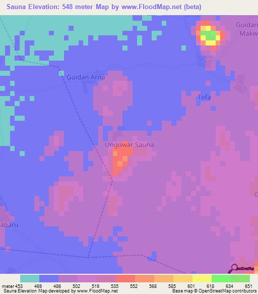 Sauna,Nigeria Elevation Map