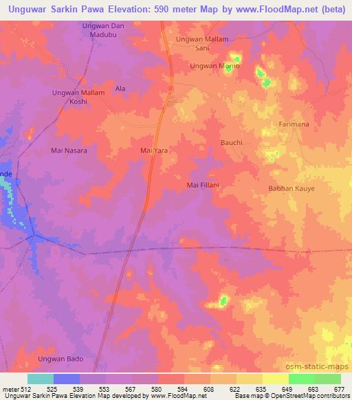 Unguwar Sarkin Pawa,Nigeria Elevation Map