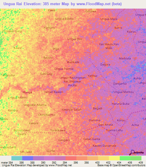 Ungua Rai,Nigeria Elevation Map