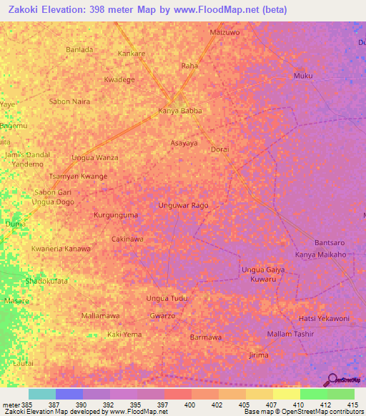 Zakoki,Nigeria Elevation Map