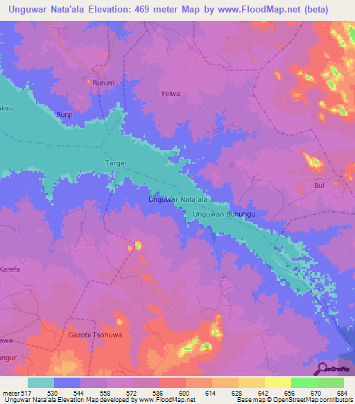 Unguwar Nata'ala,Nigeria Elevation Map