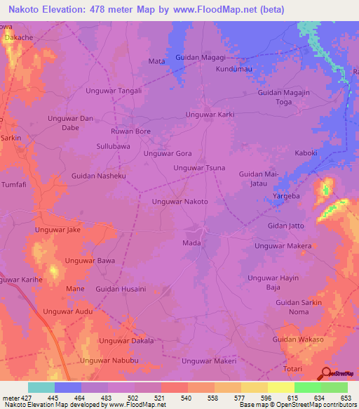 Nakoto,Nigeria Elevation Map