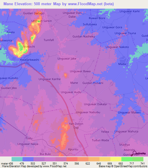Mane,Nigeria Elevation Map