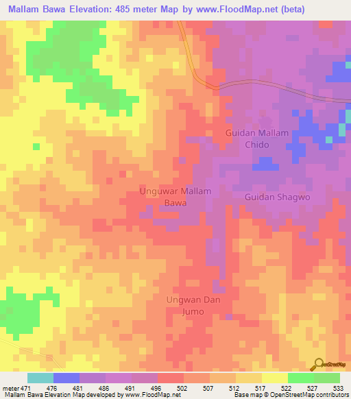 Mallam Bawa,Nigeria Elevation Map