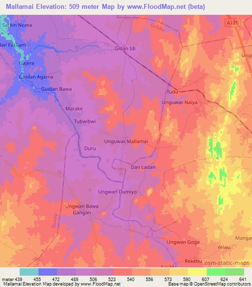 Mallamai,Nigeria Elevation Map