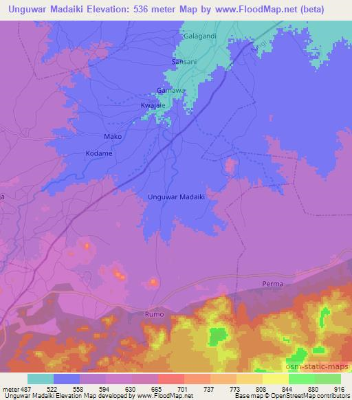 Unguwar Madaiki,Nigeria Elevation Map