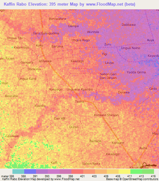 Kaffin Rabo,Nigeria Elevation Map