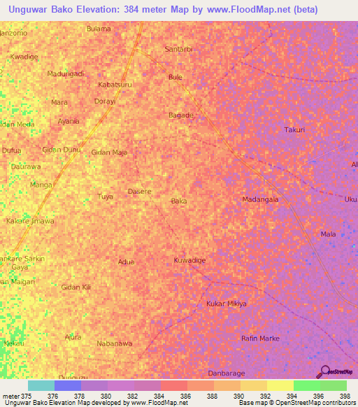 Unguwar Bako,Nigeria Elevation Map