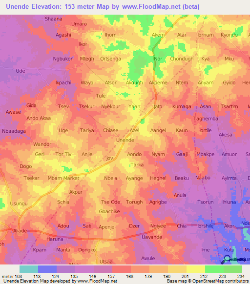 Unende,Nigeria Elevation Map