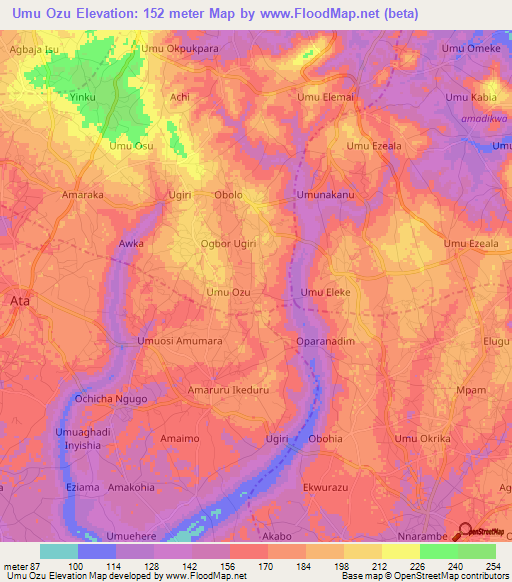 Umu Ozu,Nigeria Elevation Map