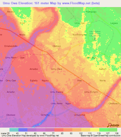 Umu Owa,Nigeria Elevation Map