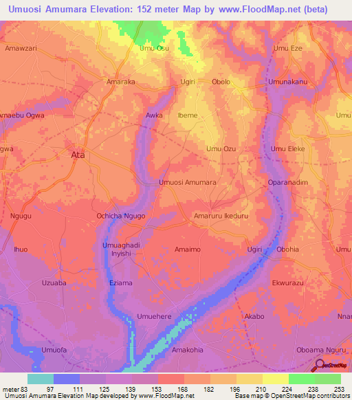 Umuosi Amumara,Nigeria Elevation Map