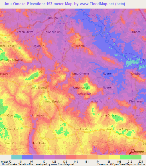 Umu Omeke,Nigeria Elevation Map