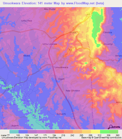 Umuokwara,Nigeria Elevation Map