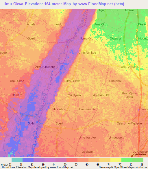 Umu Okwa,Nigeria Elevation Map