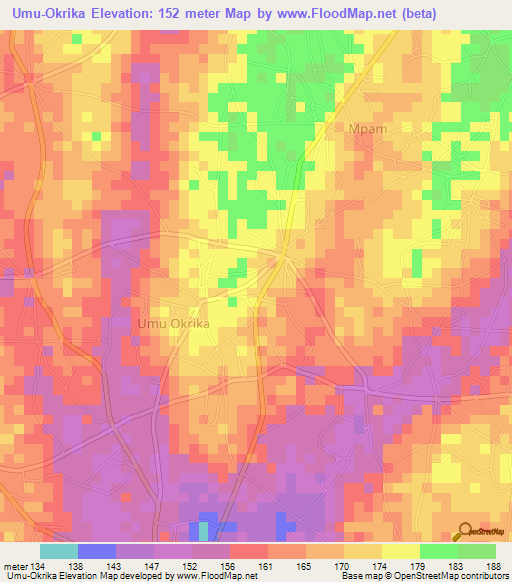 Umu-Okrika,Nigeria Elevation Map