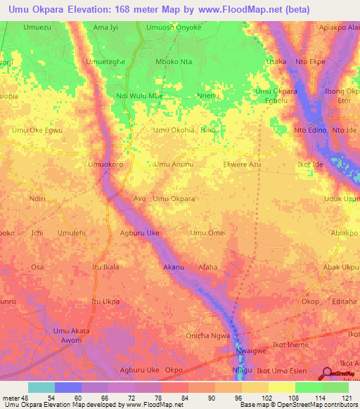 Umu Okpara,Nigeria Elevation Map