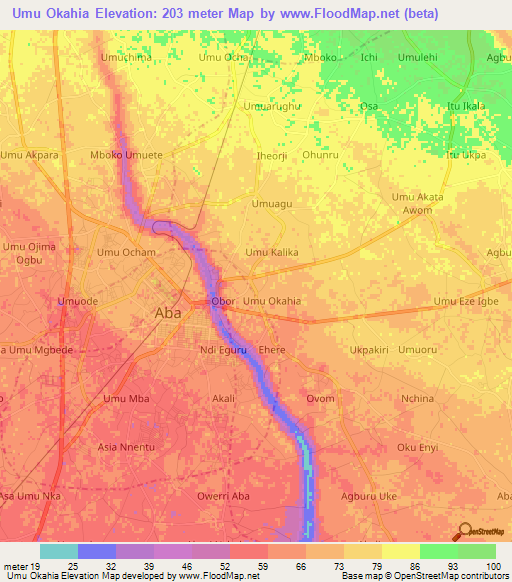 Umu Okahia,Nigeria Elevation Map