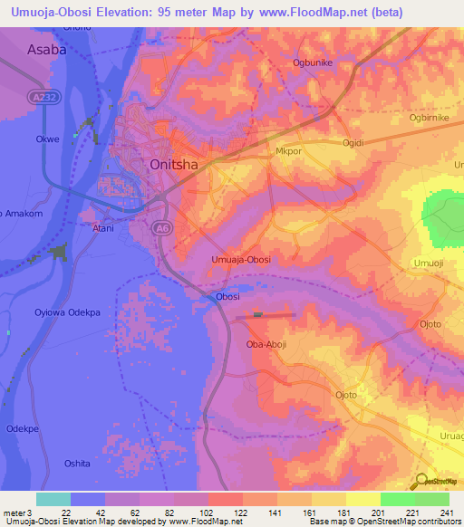 Umuoja-Obosi,Nigeria Elevation Map