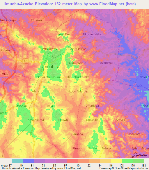 Umuohu-Azueke,Nigeria Elevation Map