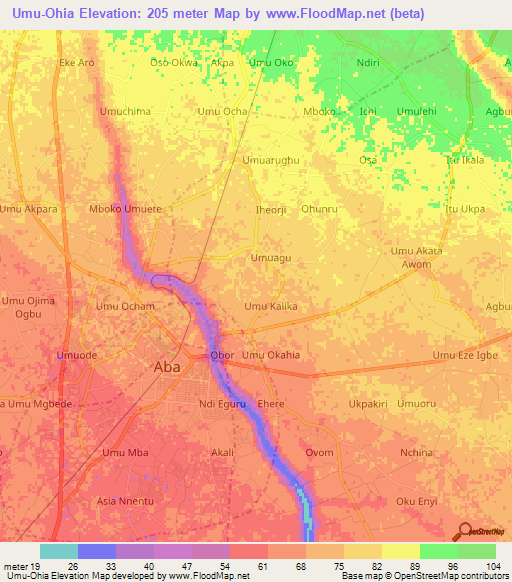 Umu-Ohia,Nigeria Elevation Map