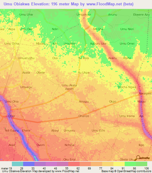 Umu Obiakwa,Nigeria Elevation Map